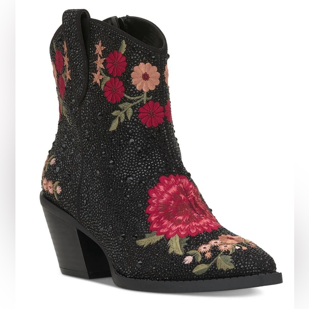 INC Womens Jersey 2 Western Cowboy Boots rhinestone black with flowers size 7